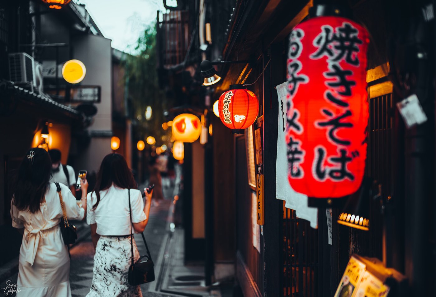The narrow lantern-lit alley of Pontocho in central Kyoto